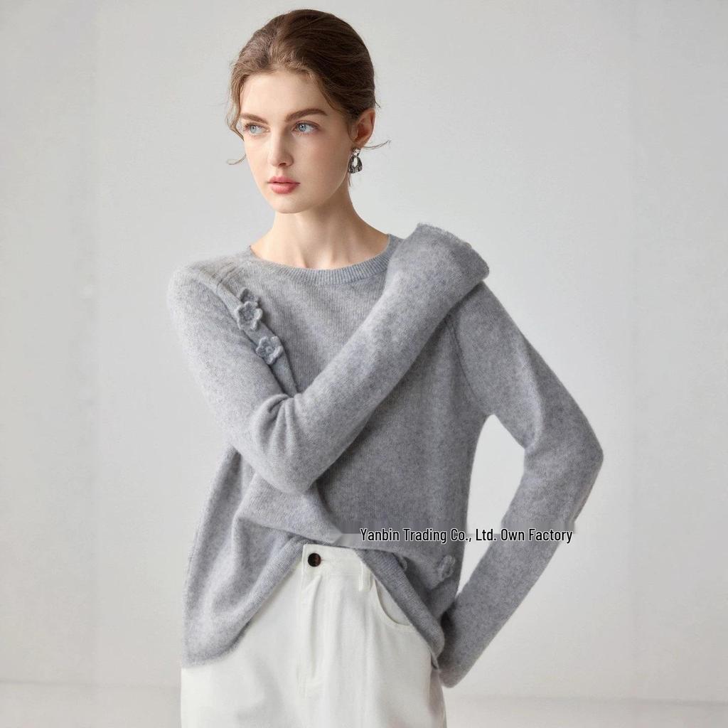 Luxurious Women's 75% Cashmere 25% Mulberry Silk Floral Inlay Round Neck Sweater