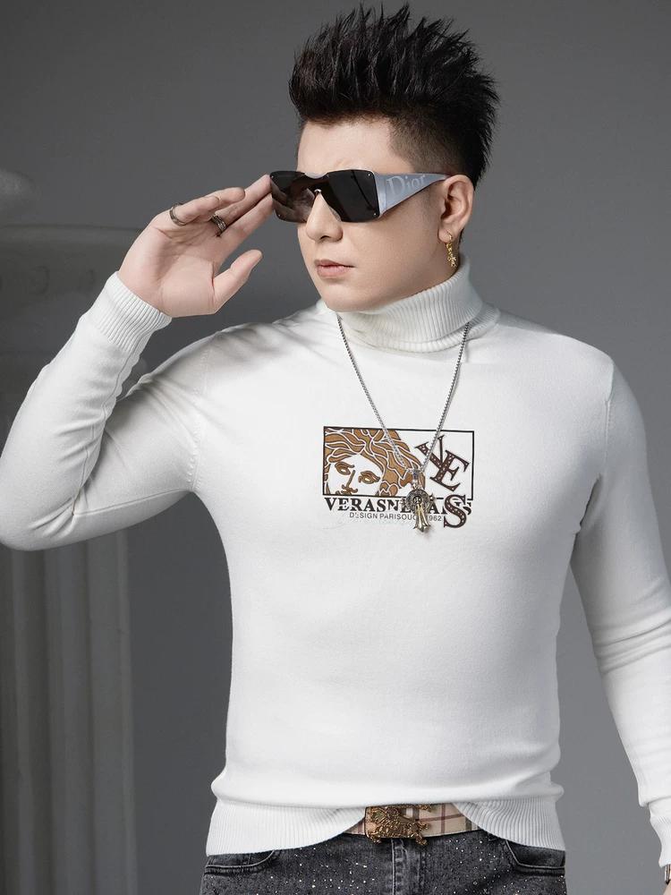 

Ozhouzhan Autumn and Winter Turtleneck sweater Men s Trendy Print Hot Drilling Sweater Men s Warm Knitted Bottoming Shirt 2XL белый