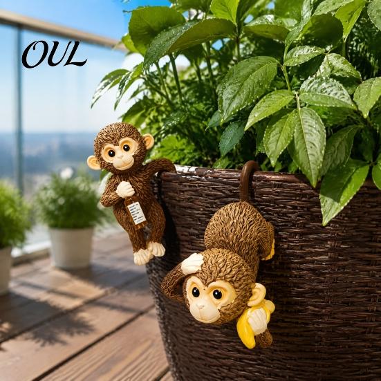 Flower Pot Accessory Planter Hanging Monkey Statue, Resin Plant Hugger, Birthday Present for Mom Cute Miniature Figurine Edge Decoration