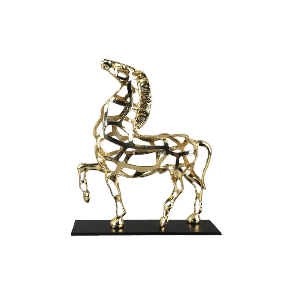 Metal Handicraft Artificial Animal Sculpture Hollow Out A Golden Horse Metal Decorative Figurines Home Decoration Accessories