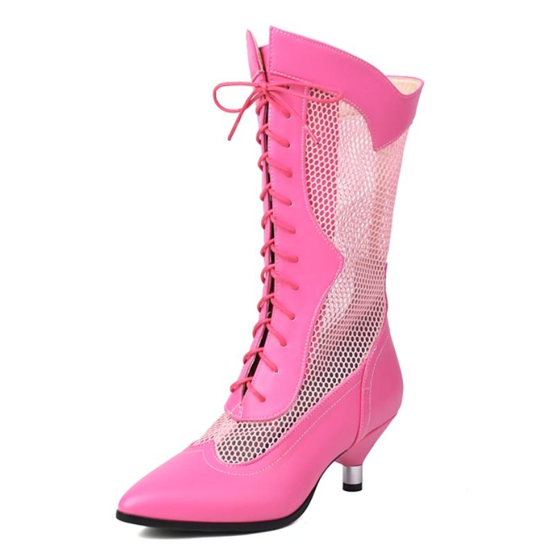 

Розовые ботинки до середины икры женские на низком каблуке женские сетчатые черные 2025 новые летние туфли на шнуровке длинные для вечеринок танцевальные дышащие весенние 38