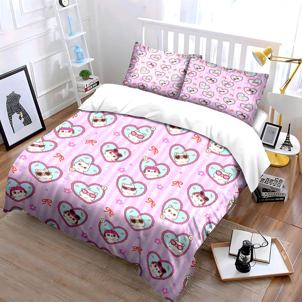 Cute Heart And Cat Pattern Background Duvet Cover Set With 3D Printing Design Soft Polyester Bedding Set All-Season Comfort