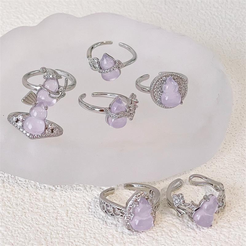 Violet Imitation Jade Gourd Open Ring With Diamonds Niche Design Light Luxury Unique High-End Sense Retro Ring Women