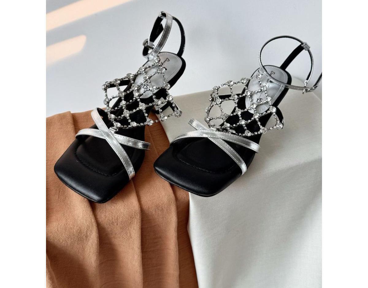 

French niche hollow mesh open-toed sandals niche fashion versatile super cross with rhinestone thick heel high heels 40 серебряный