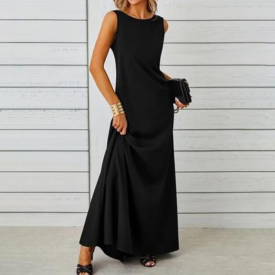 Women Casual Sleeveless O Neck Solid Color One Piece Dress