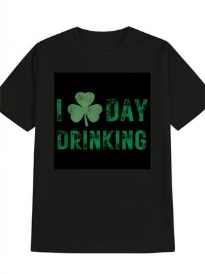 Graphic T-shirt - Black with Green "I DAY DRINKING" Print - Lightweight Summer Tee for St. Patrick's Day