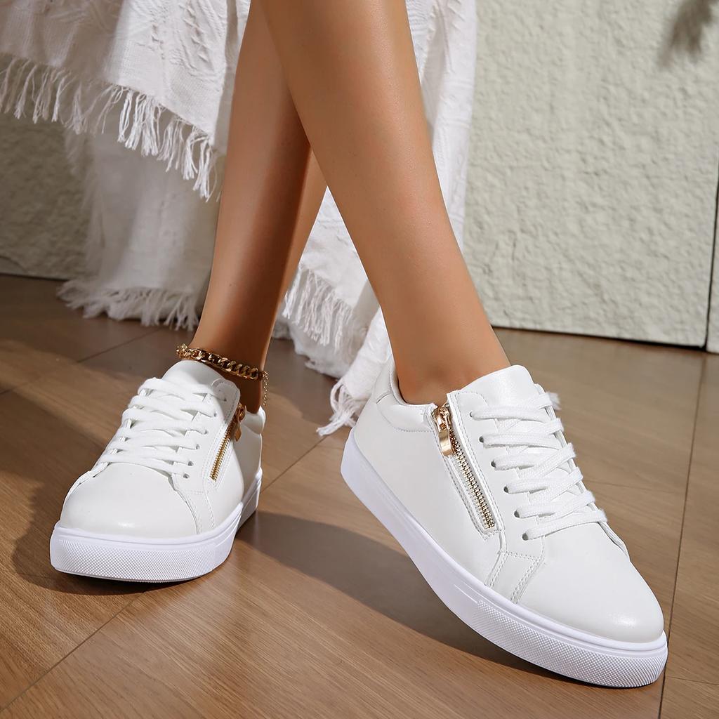 Nye Kvinners Glidelås Sneakers Fritidssko Høy Kvalitet Dame Ballerinaer Vår Høst Lavsko Jenter Hvite Sko Damesko