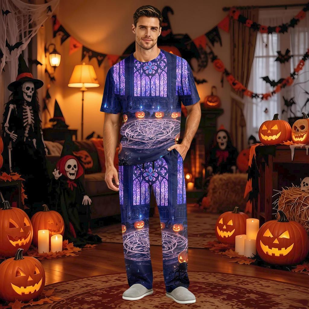 Men's Short Sleeve Pajama Set with Button Fly and Elastic Drawstring Waist - and Sleepwear