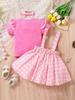INS Girls' Three-Piece Set: Pink Puff Sleeve Top, Polka Dot Suspender Skirt, and Headband