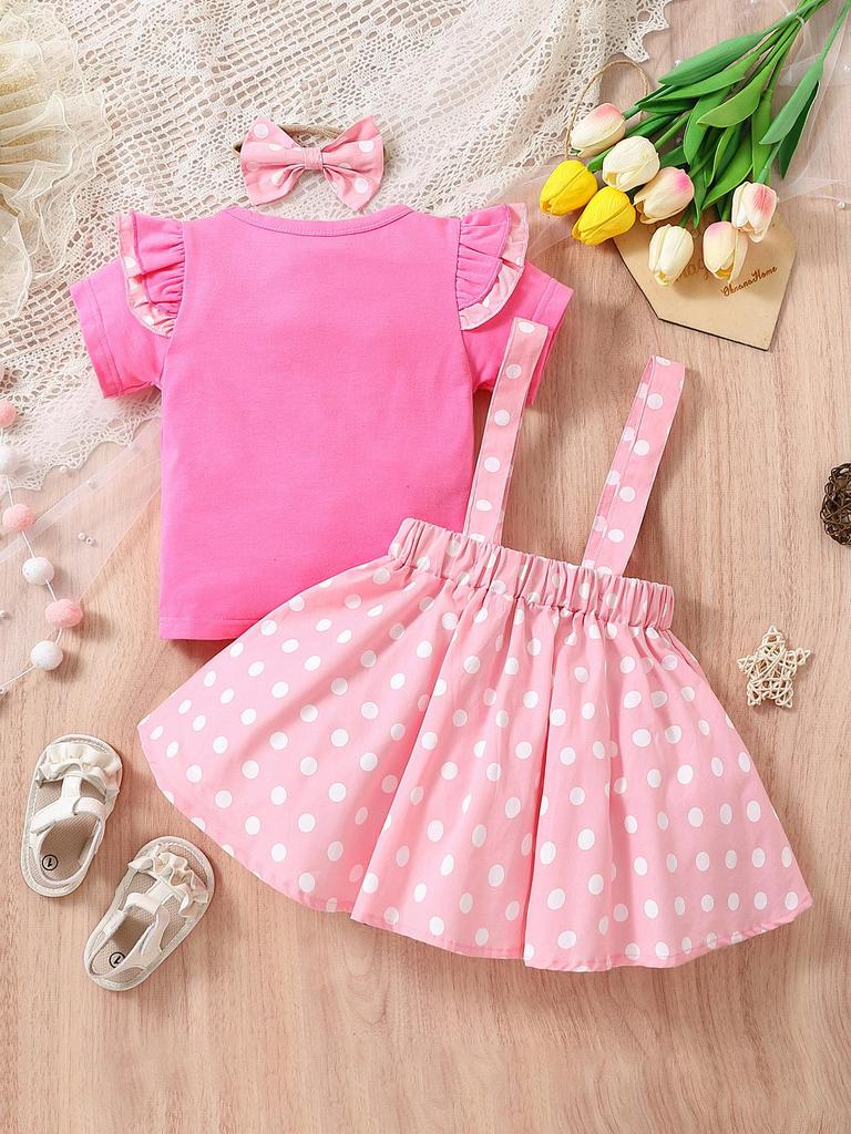 INS Girls' Three-Piece Set: Pink Puff Sleeve Top, Polka Dot Suspender Skirt, and Headband