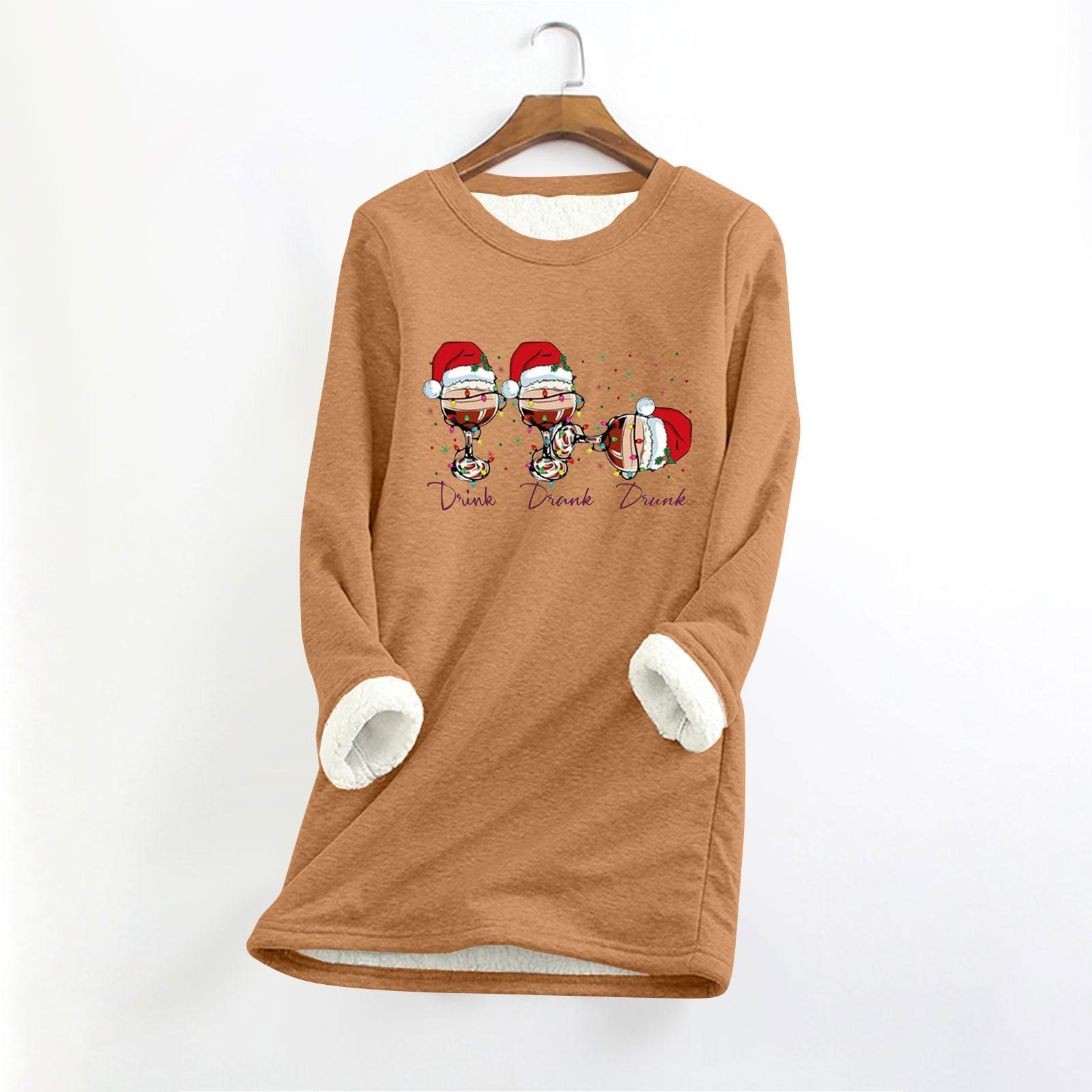 

Женский круглый вырез с длинным рукавом и рождественским принтом, утолщенный плюшевый кашемировый теплый длинный топ XL хаки