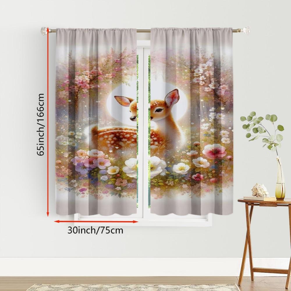 2PCS Digital Print Curtains, Christmas Deer Fawn Floral Woodland Pattern, Cute Animal Style for Xmas Holiday Home Decor