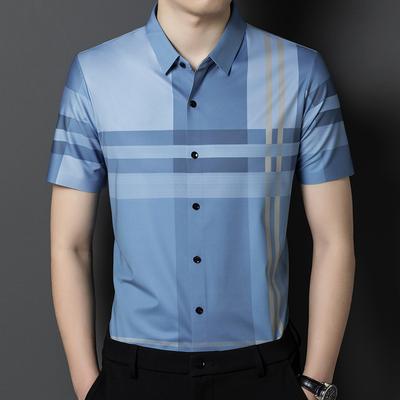 Summer Middle-aged Men's Ice Silk Short-sleeved Shirt, Seamless, No-iron, Loose Striped Business Casual Half-sleeved Shirt, Men's Clothing
