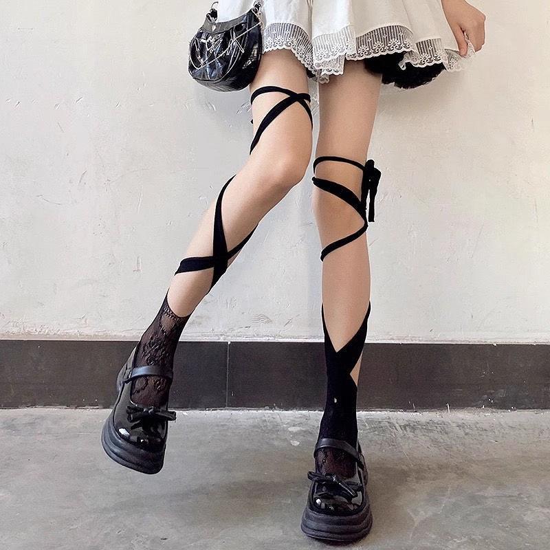 Women Sexy Arbitrarily Bandage Heart Floral Lace Fishnet Stockings Irregular Calf Socks Jk Tie Middle Tube Long Socks 1/2 Pcs