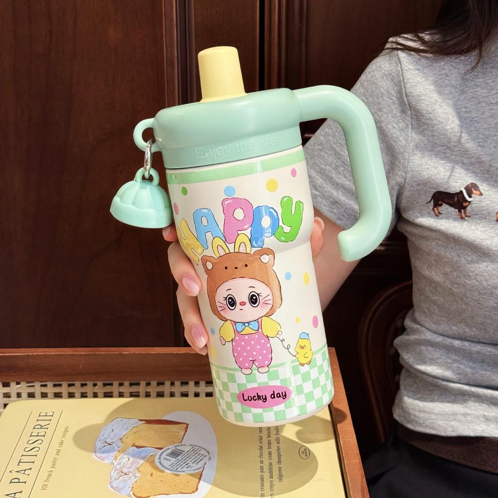 Cartoon Handle Straw Cup Stainless Steel Vacuum Thermos Cup Household Water Cup Office Desktop Cup Gift Cup