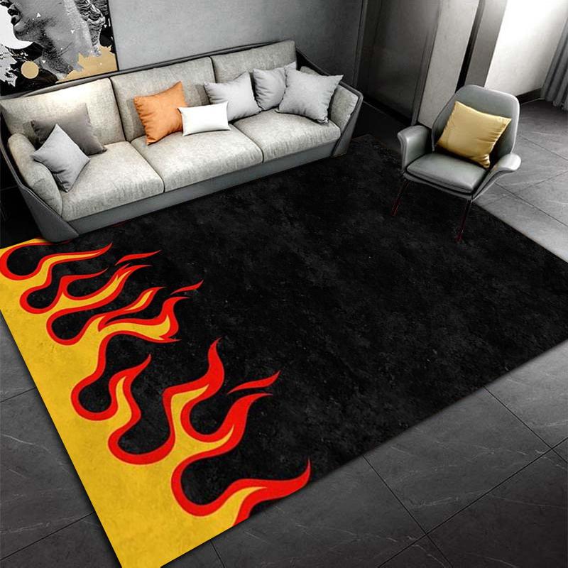 Schwarzer Teppich mit rotem Flammen- und gelbem Randdesign für die Heimdekoration Geeignet für den Einsatz als Anti-Rutsch-Matte für Wohnzimmer, Schlafzimmer, Sofas