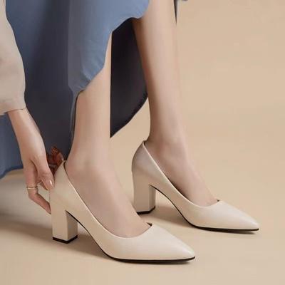 2025 Fashion Large Size Women's Shoes Medium Heel Single Shoes High Heels French Versatile Tide 35-42 Wide Feet Thick Heel Work Shoes