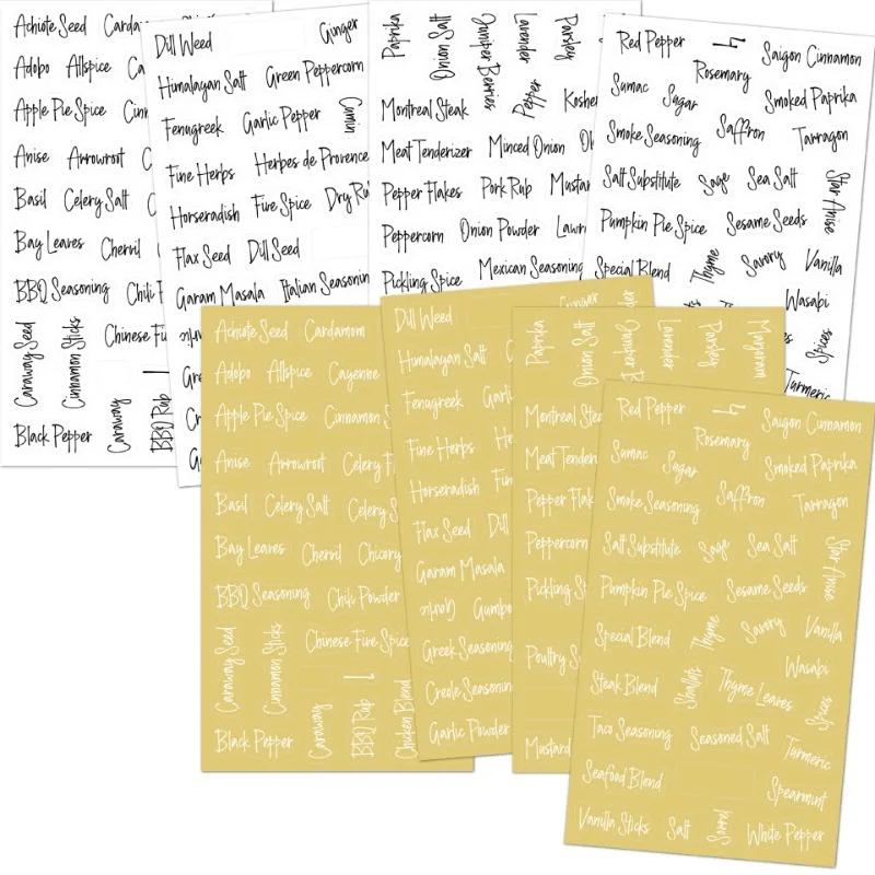 8sheet/set Transparent Spice Labels Preprinted Waterproof Black White Letter Kitchen Jar Stickers for Cans Self-Adhesive