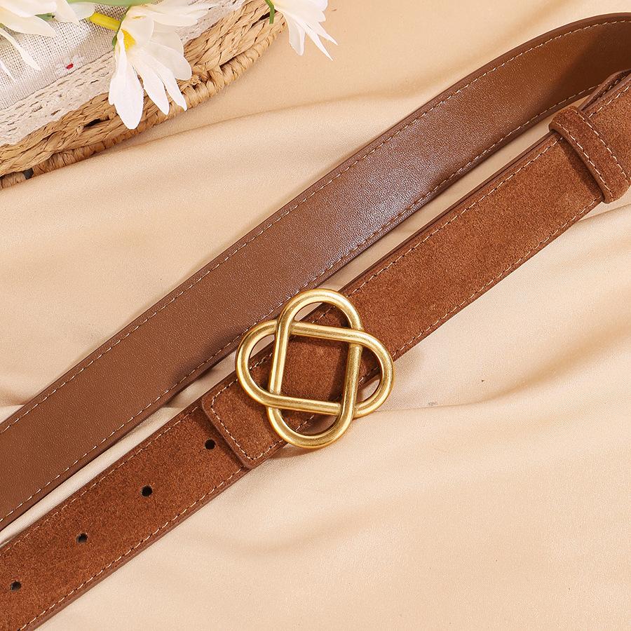 2.8cm Wide Suede Cowhide Belt for Women, Vintage Style with Retro Golden Buckle, Skinny Waistband for Dresses & Jeans