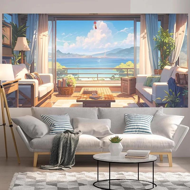 Hanging Wall Tapestry with Quiet Scenery by the Sea, Coastal Decoration for the Living Room, Fabric Art Overlooking the Ocean for the Home, Inspired