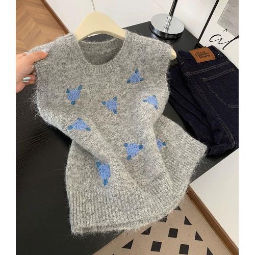 

Женский серый жилет с цветочным жаккардом, круглым вырезом, многослойный, без рукавов, вязаный свитер, женская мода, осенне-зимняя верхняя одежда, теплая кофта Onesie серый