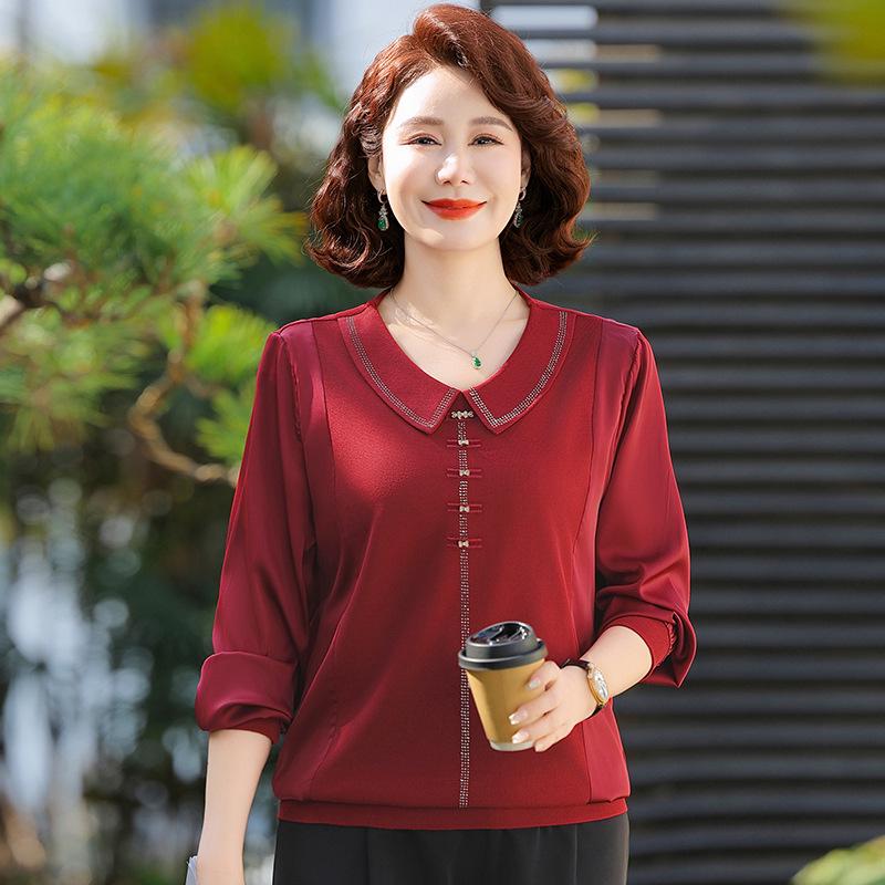 Elegant Silk-Like Long-Sleeve Tops for Middle-Aged Women