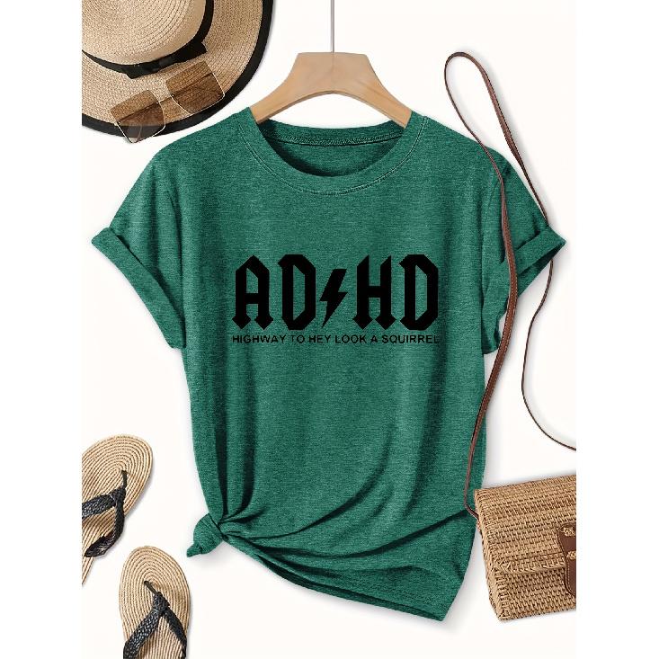 One-piece packed ADHD Self-deprecating themed short-sleeve shirt T Shirt LadiesNOTHING IS IMPOSSIBLEPrinted round-neck sporty casual wear T Shirt S темно-зеленого