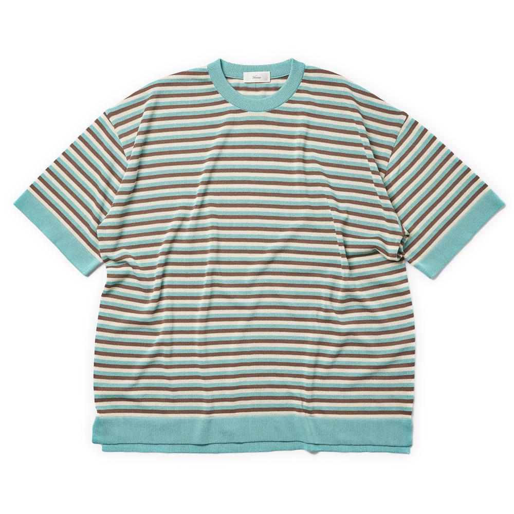 Berno [Casual] Linen Like Short Sleeve Stripe Round Knit Sky Blue&Brown&Beige L