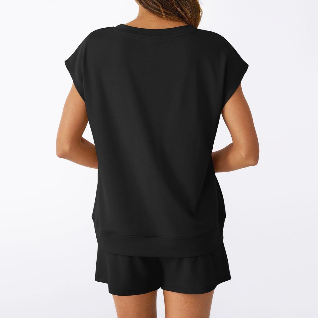 Women V Neck Short Sleeve Top and Shorts Set Casual Two Piece Outfits Soft Fabric Drawstring Waist Loungewear Suit