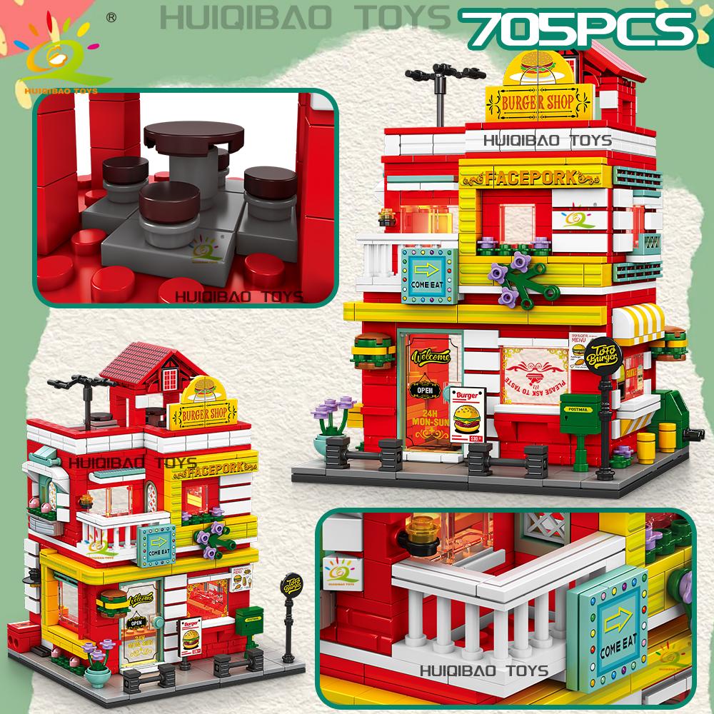 Non-Toxic City Street View Supermarket Coffee Burger Shop Hotel Model Building Blocks Diy Architecture Bricks Toys Adult Gift