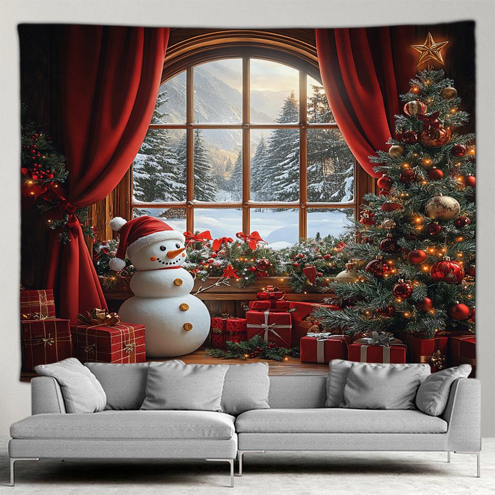 Cute Snowman Christmas Tapestry Xmas Tree Gifts Red Curtains Window Winter Scenery New Year Home Living Room Decor Wall Hanging
