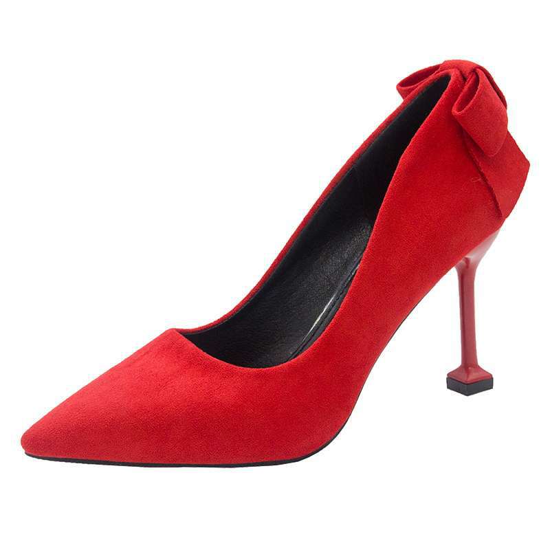Red suede wedding shoes women's heel bow high heels fairy style with Xiuhe bridal shoes green shoes