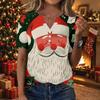 Women's Casual Christmas Printed V-Neck Short Sleeve Button T-Shirt