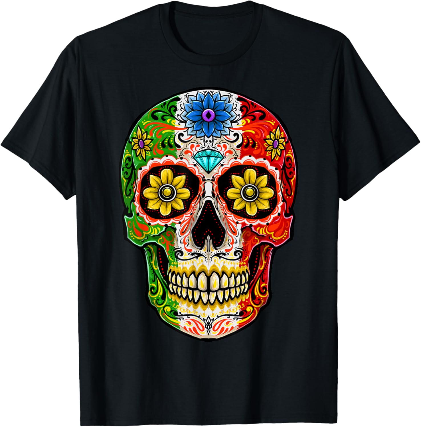 Dia de Muertos Cinco de Mayo Sugar Skull Mexican Flag T-Shirt S