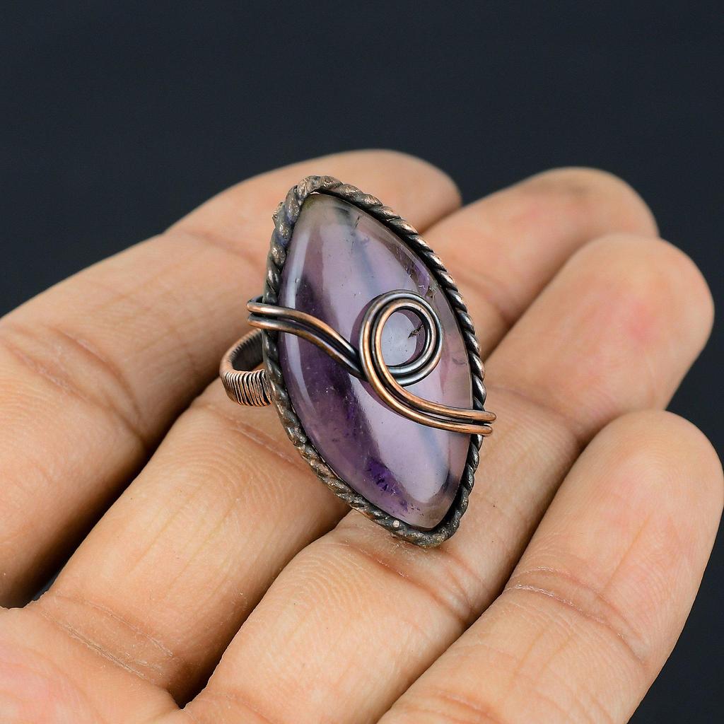 Amethyst Gemstone Copper Wire Wrapped Handmade Jewelry Ring For Gift