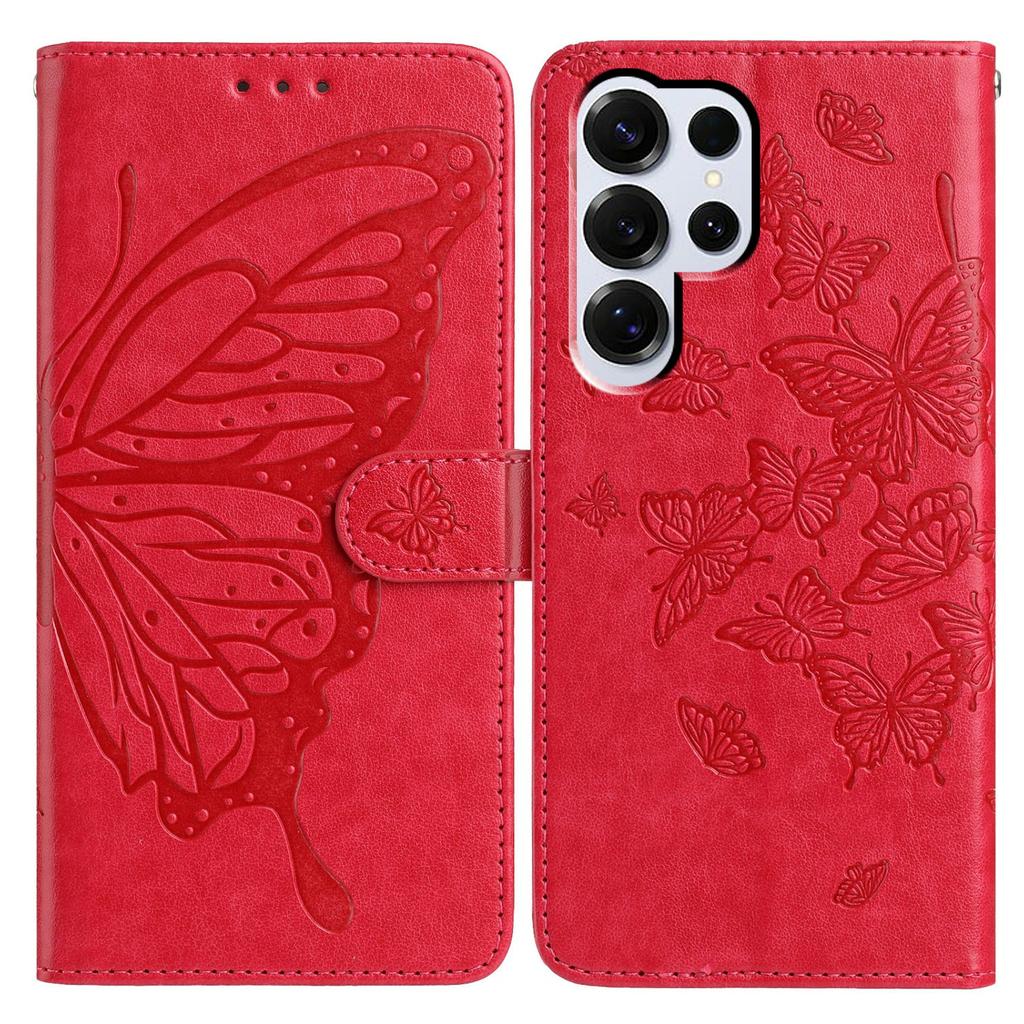 For Samsung Galaxy S25 Ultra Case Butterfly Imprinted Wallet Stand PU Leather Flip Phone Cover with Strap