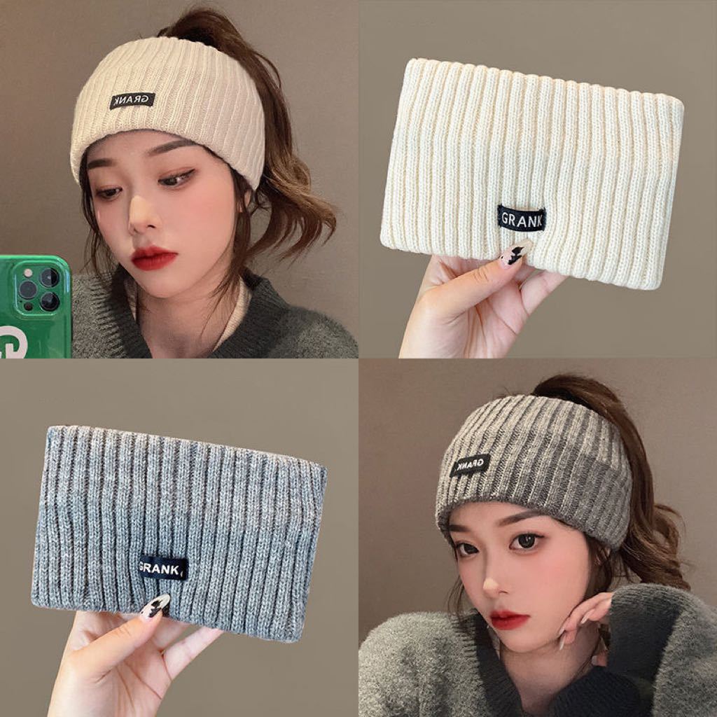 Knitted headband women's new forehead protection, windproof wipe cover, headband plush wide-brimmed headscarf, sports headgear winter