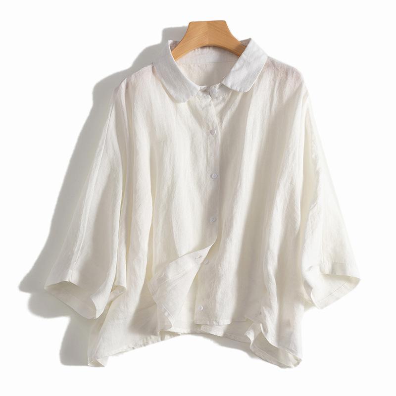 

Женская весенне-летняя повседневная свободная льняная однотонная рубашка с короткими рукавами M белый