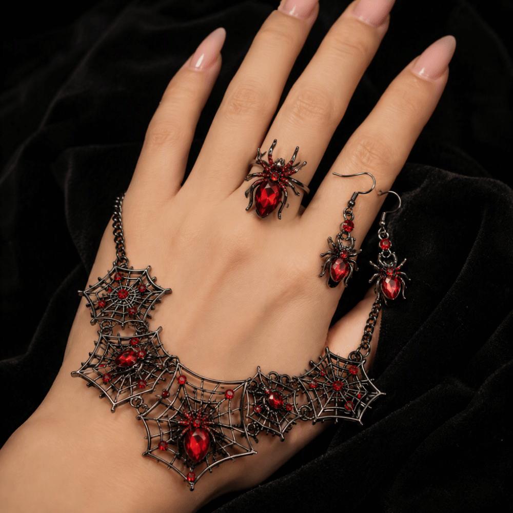 3pcs Zinc Zinc Zinc Alloy Halloween Pendant Earrings with Inlaid Glass Punk Hollow Necklace Goth Festival