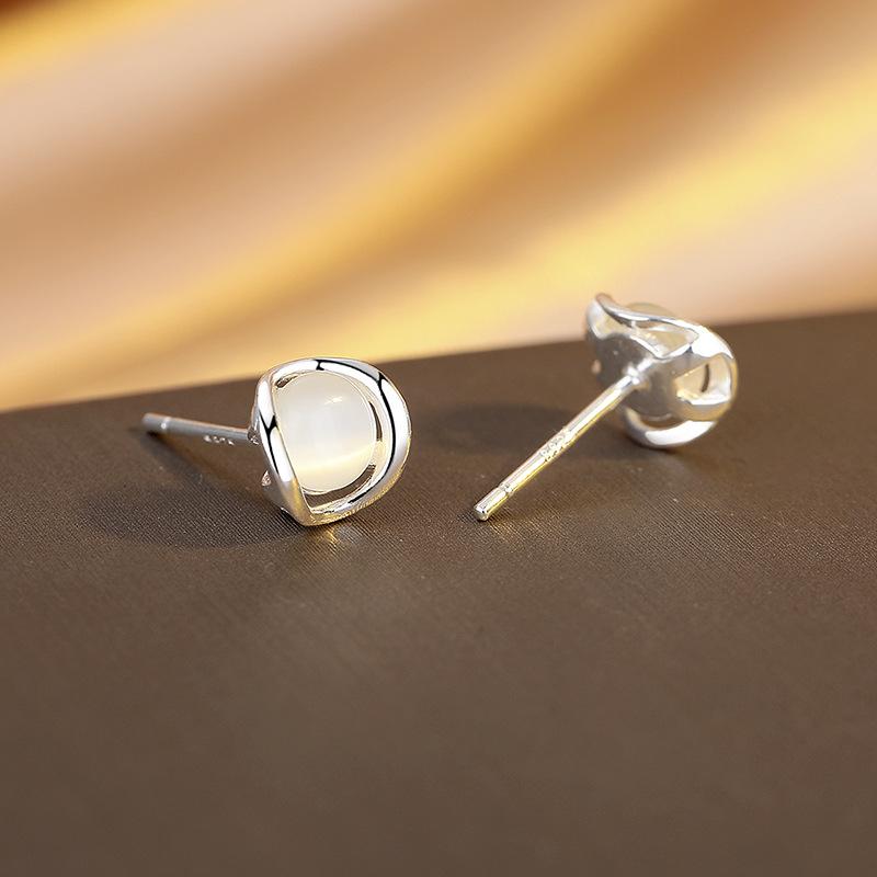 Sterling Silver Opal Stud Earrings 2025 Premium Simple Geometric Earrings Women'S Light Luxury Earrings