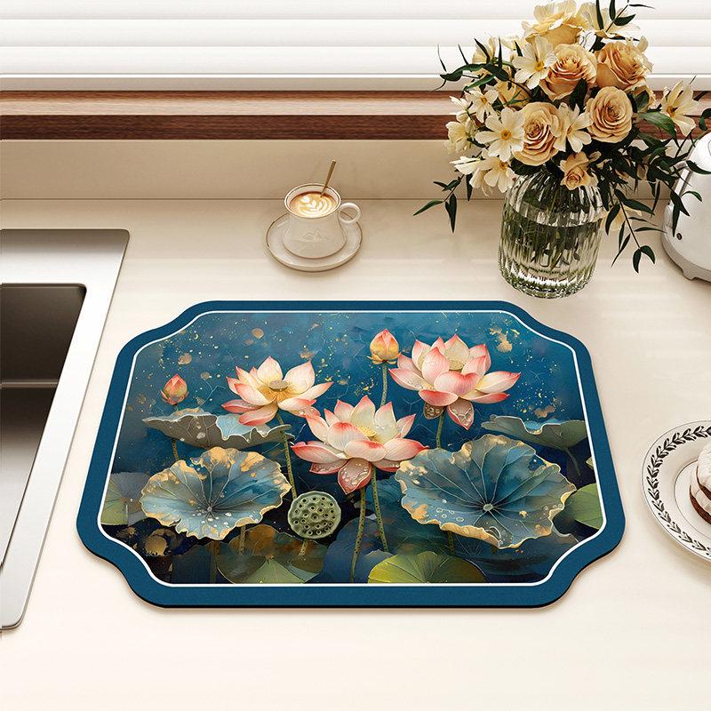 Chinese-Style Irregular Flower & Bird Diatom Mud Coffee Mat: Stain-Resistant, Easy-Clean, Non-Slip Kitchen Draining Mat