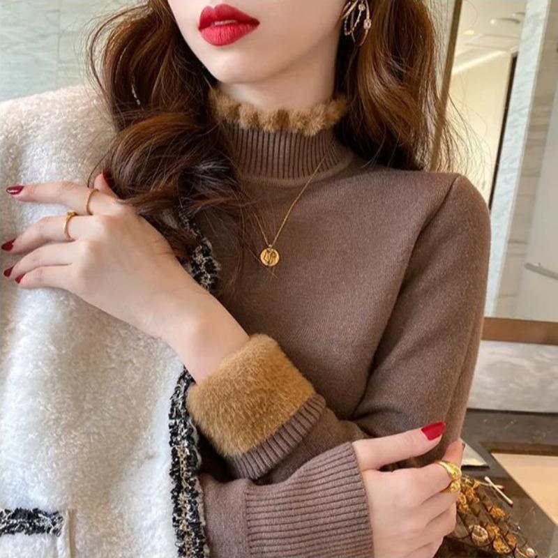 Winter Female Plush Sweater Women Half High Collar Long Sleeved Thickened Velvet To Keep Warm Knitwear Lady Versatile Solid Color Basic Pullover