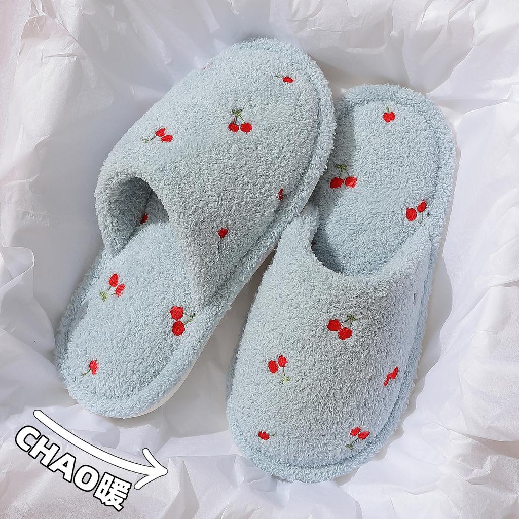 Baumwollhausschuhe für Zuhause Winter niedlich bestickte Kirsche Indoor Haushalt Plüsch warm Schlafzimmer flauschige Hausschuhe