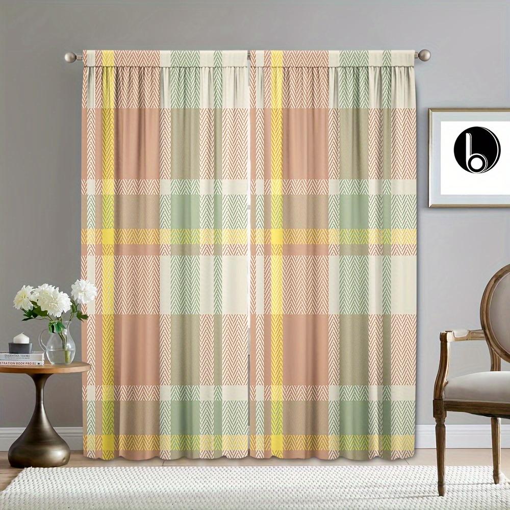 2pcs Home Decoration Curtains, Bed Sheets, Geometric Square Grid Art Decoration with Rod Pocket Curtains, Suitable for Kitchens,