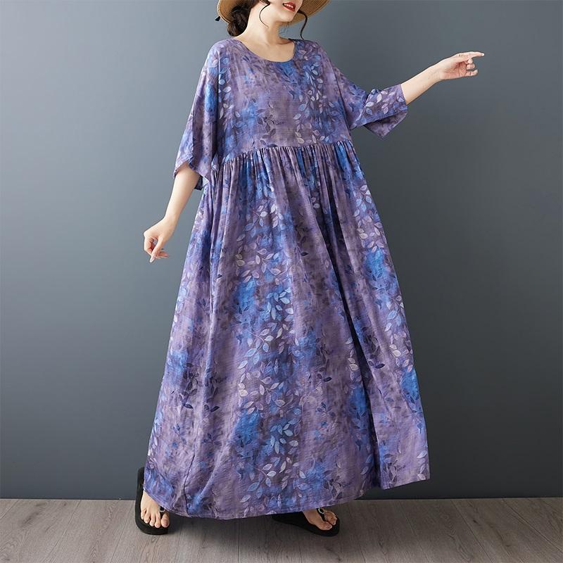 Kurzarm Plus Size Baumwolle Vintage Blumenmuster Neu in Kleidern für Damen lässig locker langes Sommerkleid