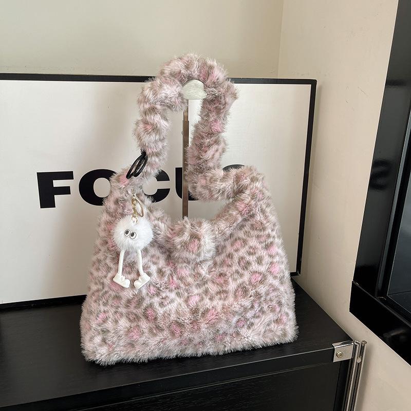 Large Capacity Plush Bag Women's New Lazy Wind Leopard Print Tote Bag Single Shoulder Messenger Commuter Bag