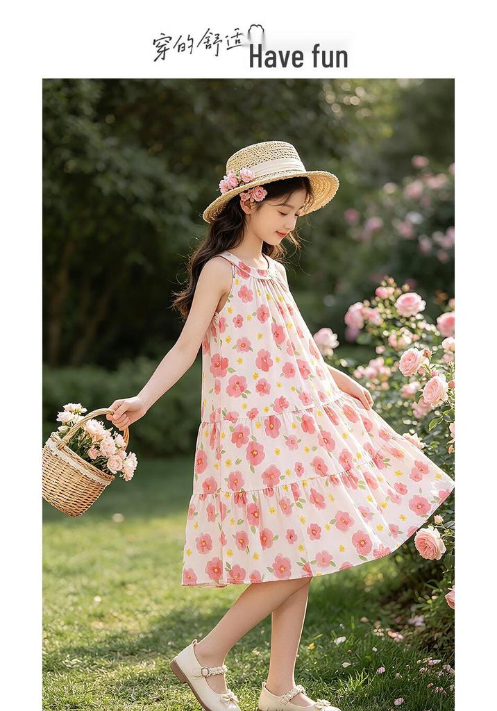 Xiao Yinman Girls' Floral Sleeveless Cotton A-line Dress