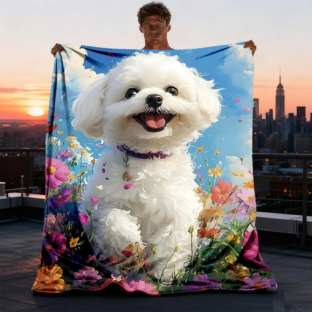 1pc Fluffy White Dog Outdoor Blanket - Lightweight Flannel Throw For Travel, Camping, Livingroom, Couch, Chair Yy251114231