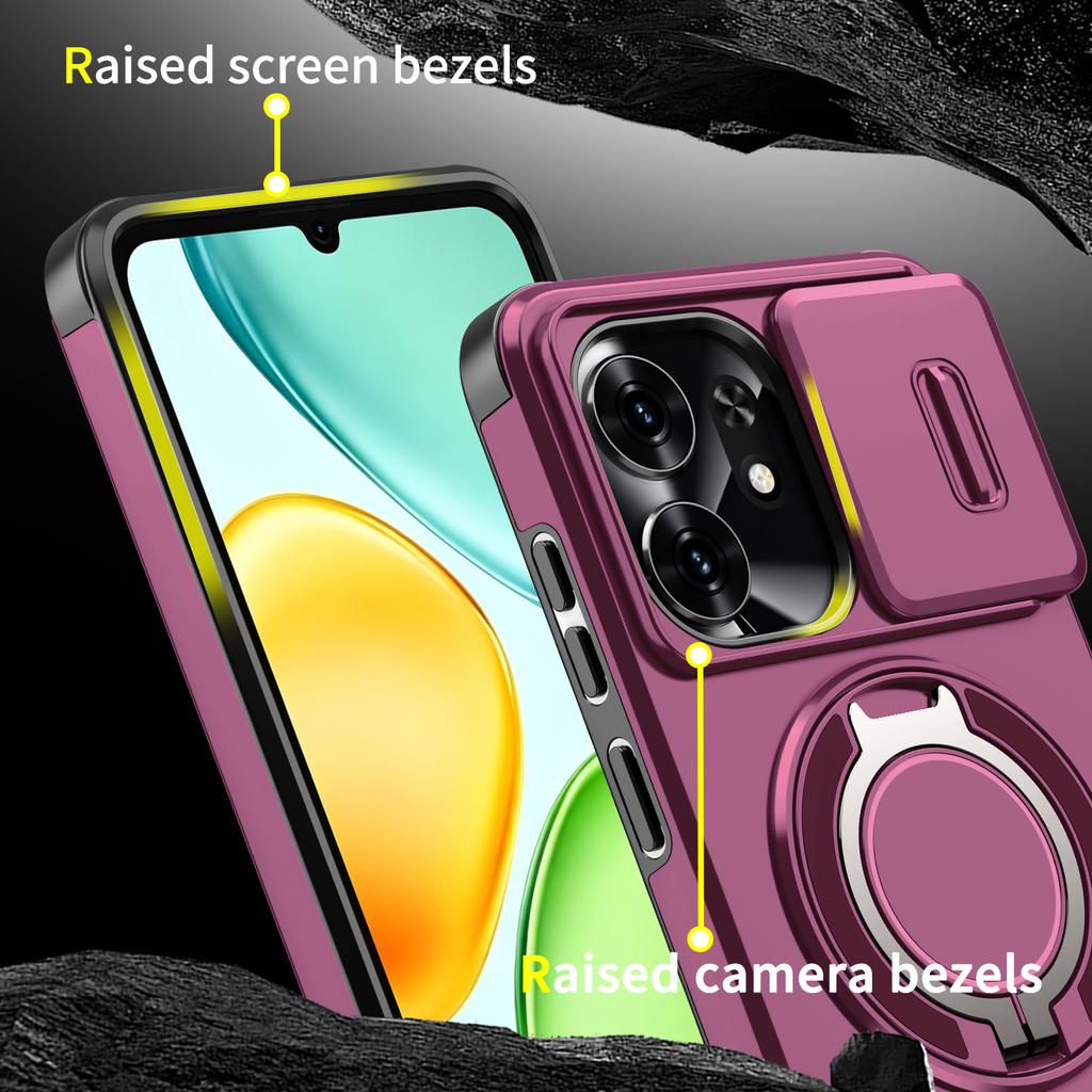 Magnetic Metal Ring Stand Armor Case For Honor X6d Play 80 Slide Push Window Lens Protection TPU Frame Hard Plastic Phone Cover