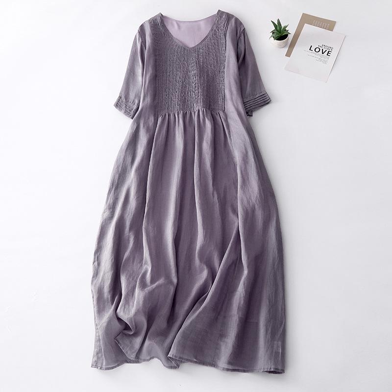 2024 Summer Women's Cotton-Linen V-Neck Pleated Retro Dress